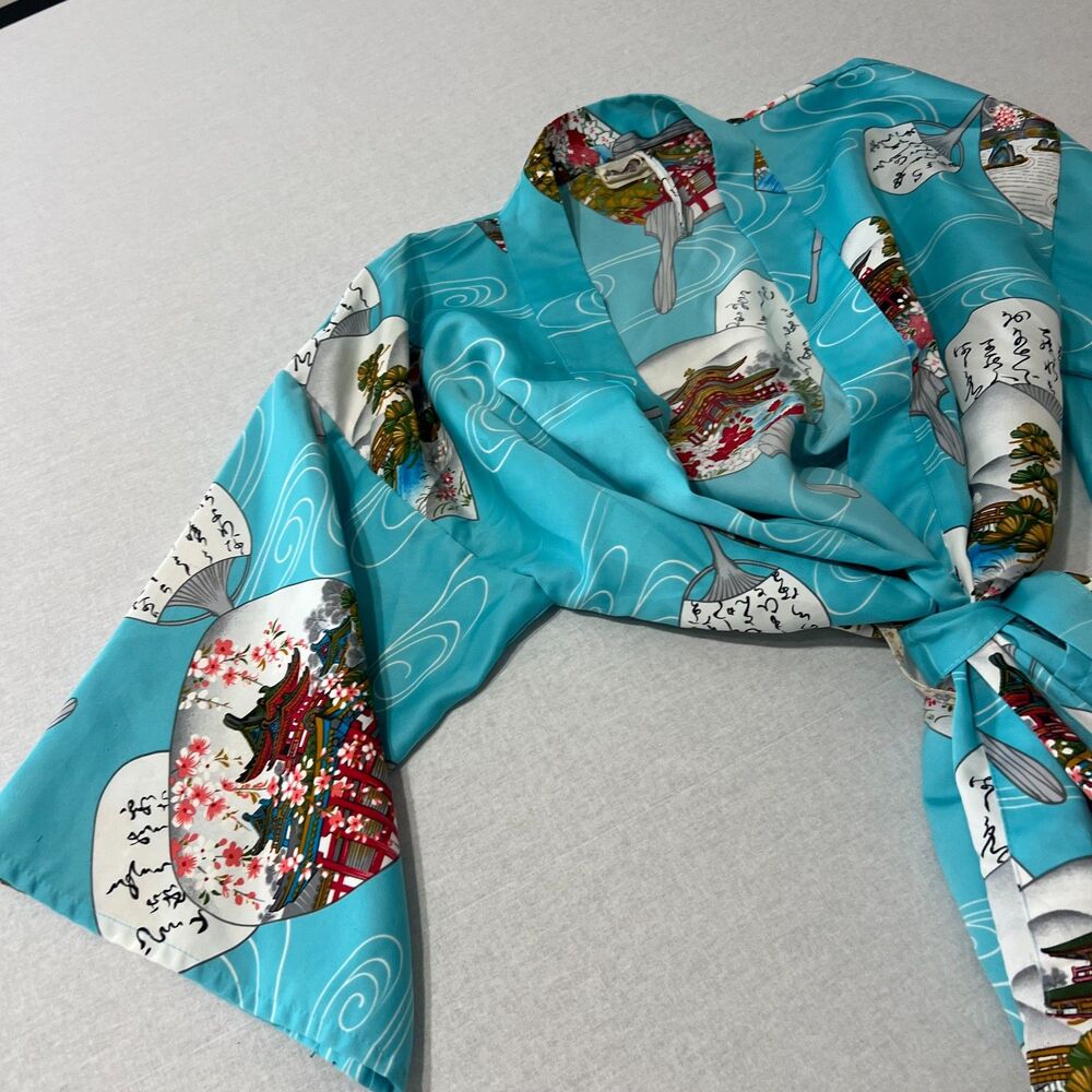 Vintage Japanese Style Kimono Robe Turquoise Fan Garden Print Belted One Size - Picture 3 of 12